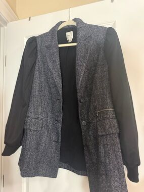 Maeve Black Sleeved Gray Tweed Blazer Jacket